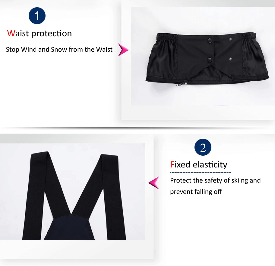 Ski suit features: waist protection stop wind, fixed elasticity for safety on slopes - black waistband and adjustable straps.